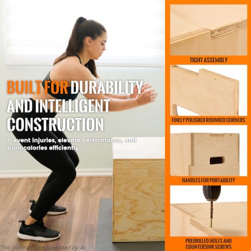 3-in-1 Wood Plyo Box - Non-Slip Jump Box, 16" x 13" x 12"
