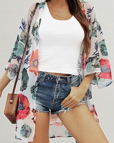CHICGAL Women's XL Daisy White Flower Kimono Swimsuit Coverup for Summer Beach Swimwear