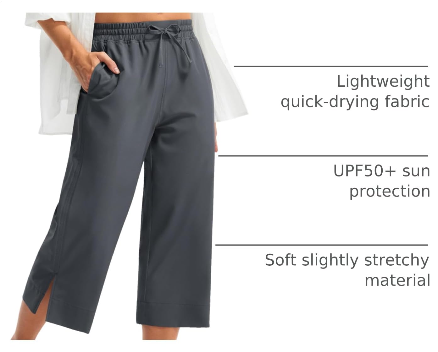 Libin Lightweight Capri Pants for Women Wide Leg Beach Pants, Dark Grey L