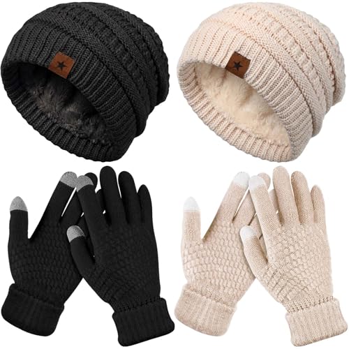 Jeere 4-Piece Women Winter Hat & Gloves Set, Fleece Lined Beanies & Touchscreen Gloves, Black & Beige