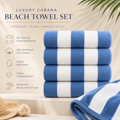 Oversized Cotton Turkish Beach Towel - Cabana Fountain Blue, 4 Pack