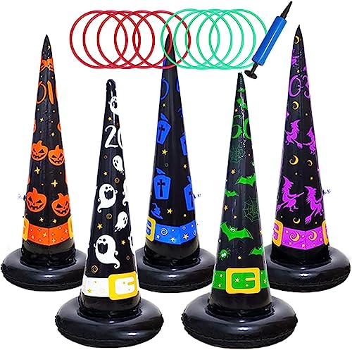Inflatable Witch Hat Ring Toss Game 5-Pack with Pump - Halloween Party Toss Games for Kids & Adults