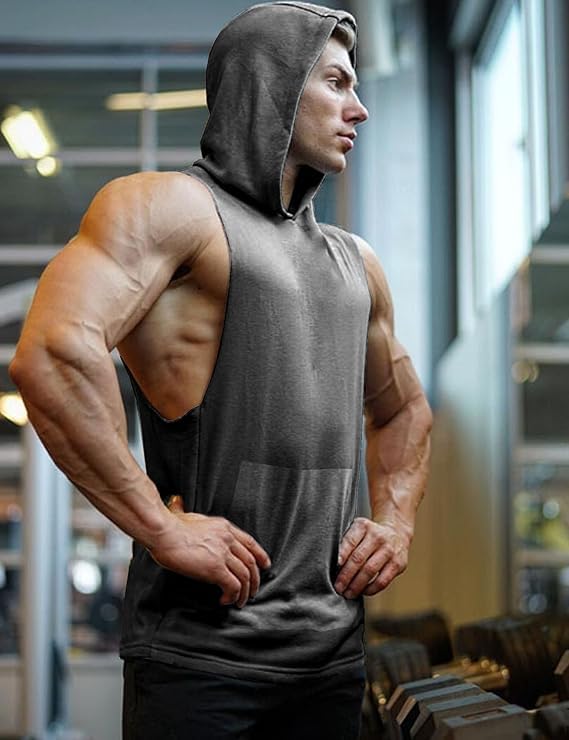 COOFANDY Men's 2 Pack Workout Hooded Tank Tops - Bodybuilding Muscle Cut-Off Sleeveless Gym Hoodies, Large / Black & Dark Grey