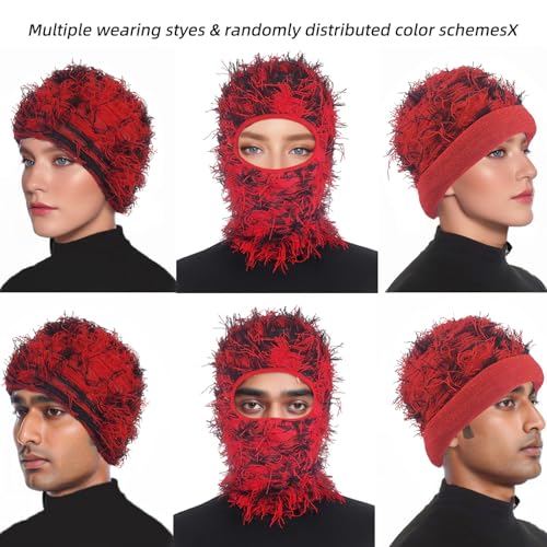 Distressed Balaclava Ski Mask - Knitted Full Face Mask - One Size Bigred