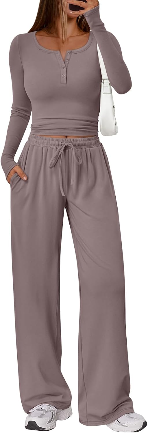Trendy Queen Women's 2-Piece Lounge Set - Long Sleeve Crop Top & Wide Leg Pants | Casual Comfort