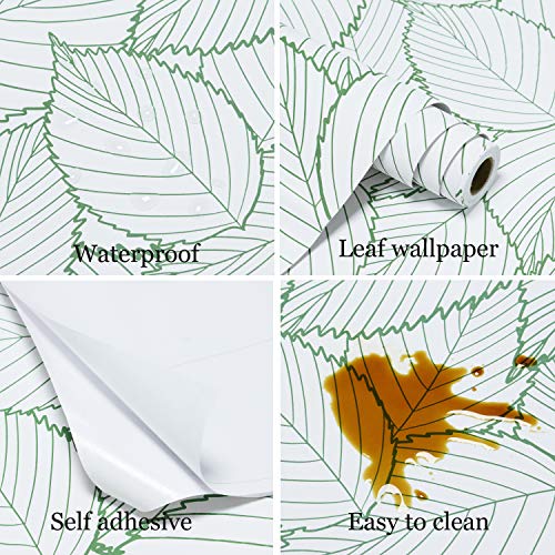 Kitico 17.7" X118.1" Modern Green Leaf Wallpaper Leaf Peel and Stick Wallpaper Green and White Leaves Contact Paper Removable Self-Adhesive Waterproof Leaf Wall Paper for Wall Home Decor