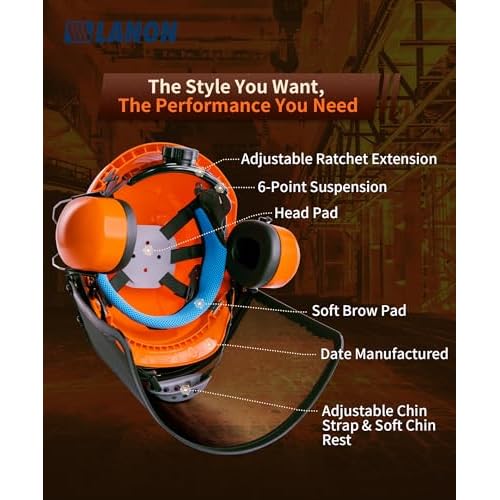 LANON Industrial Forestry Safety Helmet Protection System, ANSI Approved Chainsaw Hard Hats with Adjustable Ear Muffs & Face Shield Visor, 6 Point Adjustable Ratchet Suspension, Class C, Orange
