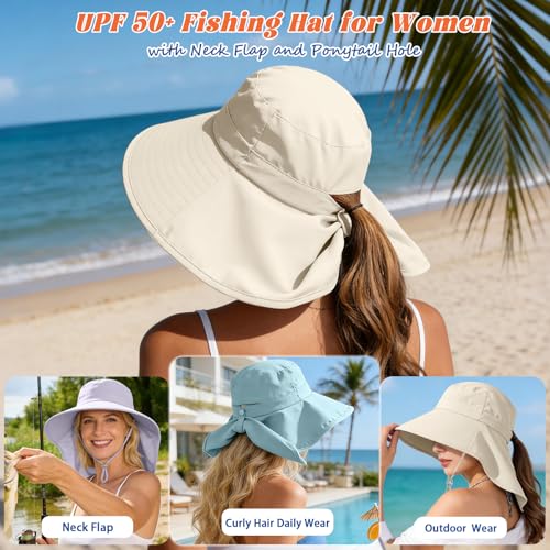 Ruqizhi Beige Sun Hat for Women with Neck Flap & Ponytail Hole UPF 50+ Rollable UV Protection - Size 1