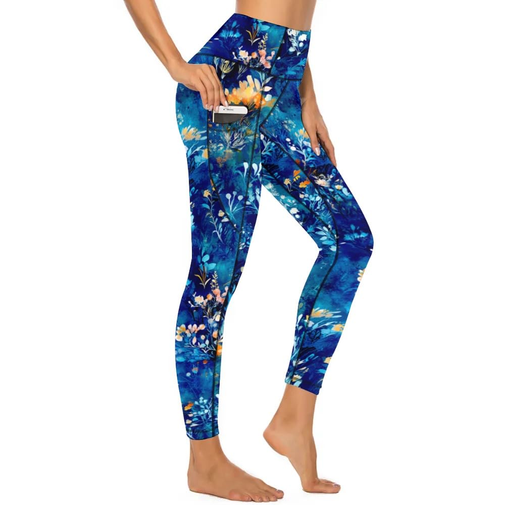 KevaMolly Women Yoga Pants with Phone Pockets High Waisted Leggings Petite Length Workout Activewear Blue Print L
