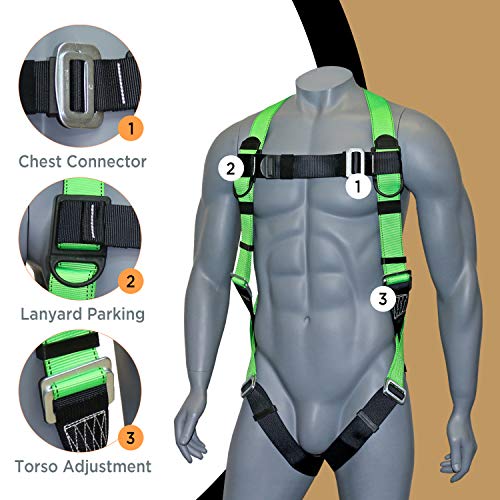 AFP Universal Full-Body Fall Protection Safety Harness with Dorsal D-Ring and Mating Buckle Legs | Roofer, Construction, Scaffolding PPE | High-Visibility Green [OSHA/ANSI Compliant]