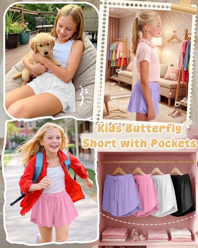 Didaey 4 Pack Girls Athletic Butterfly Skorts - Pink, Purple, White, Black, 5-6 Years