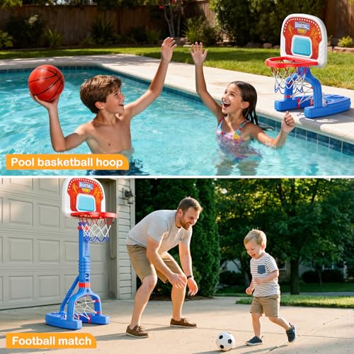 FLMAQE Toddler Adjustable 2-in-1 Basketball Hoop & Soccer Goal - Blue+Red, 4 Balls, Indoor & Pool