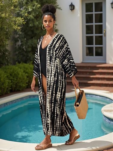Women’s Colorful Kimono Cover Up Long Beach Dress One Size Black-Beige-Yellow
