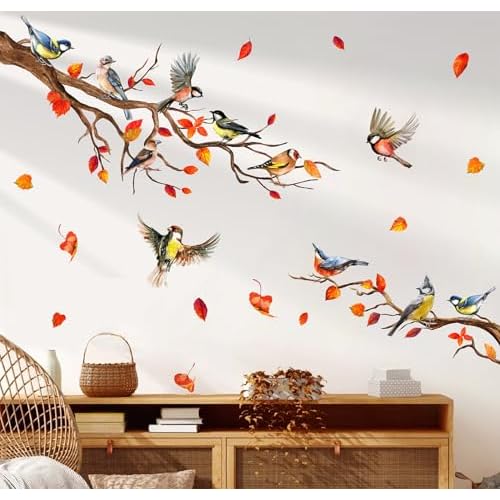 Fall Wall Stickers Tree Bird Branch Leaves Wall Decals Autumn Room Mural Stickers for Thanksgiving Home School Office Party Decor, 11.8 x 35.4 Inch, 2 Rolls