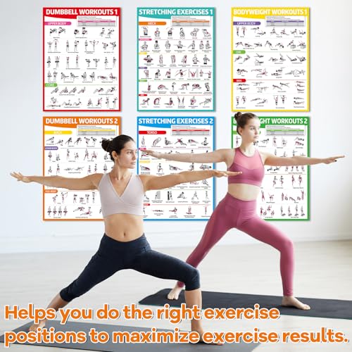 8-Piece Workout Poster Set for Home Gym - Dumbbells, Bodyweight, Stretching, Kettlebell