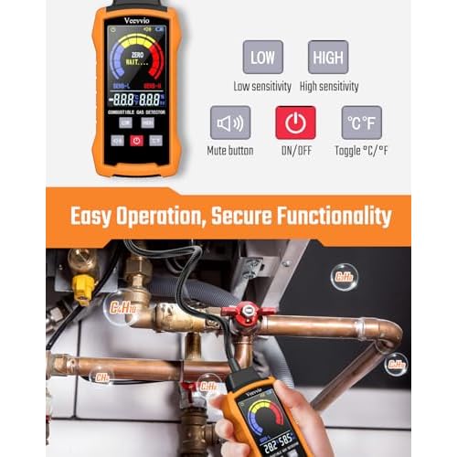 Natural Gas Detector with 18-Inch Gooseneck, Gas Leak Detector for Home, Gas Sniffer with Temp/Humidity, Audible & Visual Alarm, Locating The Source Like Propane Methane for RV (Includes Battery x6)