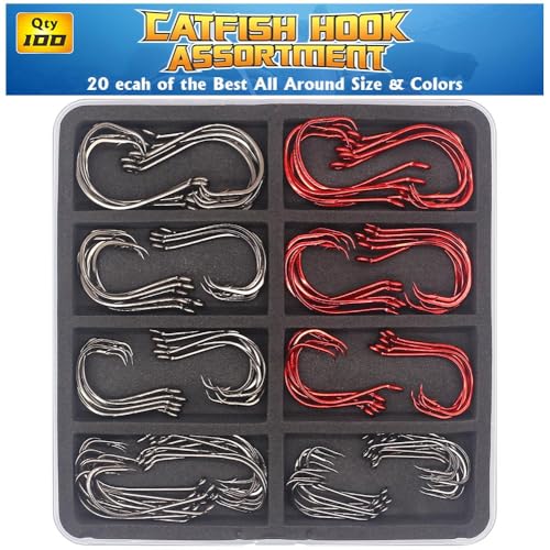 LURELINK Catfish Hook Set 100 Pack - Offset Octopus & Circle Hooks, 8/0–2/0, Bait Holders