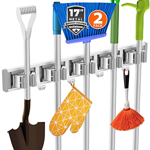 reliahom 2 Pack Broom Holder Wall Mount Mop and Broom Hanger Wall Mounted Garage Storage Rack Kitchen Garden Tool Organizer (5 Racks with 4 Hooks, Silver)