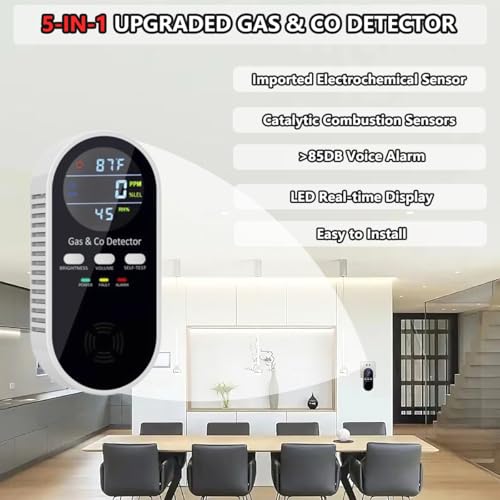 5 in 1 Carbon Monoxide Detector & Natural Gas Detector with Temperature Humidity Display£¬Battery Backup for Plug-in Co Detector and Combination Gas Suitable for Home/Hotel/Travel - 1Pcs