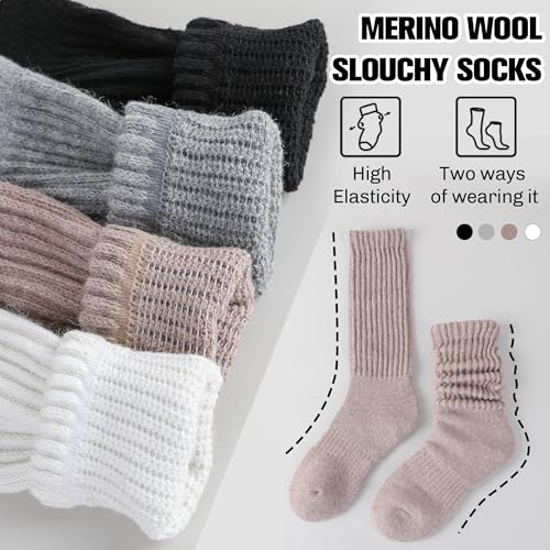 EBMORE Merino Wool Slouch Boot Socks Thermal Winter Crew Socks for Women, 4 Pairs - Medium, Black, Khaki, Grey, White