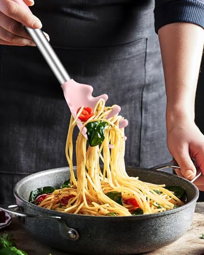 DaiRen Pink Silicone Spaghetti Spoon & Pasta Tong with Teeth, 10"/13"