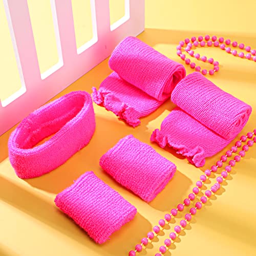 Kids Neon Leg Warmers with Headband and Wristbands - Pink & Rose Red