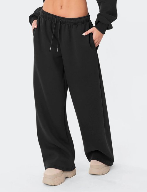 Ugerlov Wide Leg Sweatpants Women Baggy Fleece Sweat Pants Teen Girls Lounge Drawstring Trousers Low Rise Cute Streetwear Pants with Pockets Black M