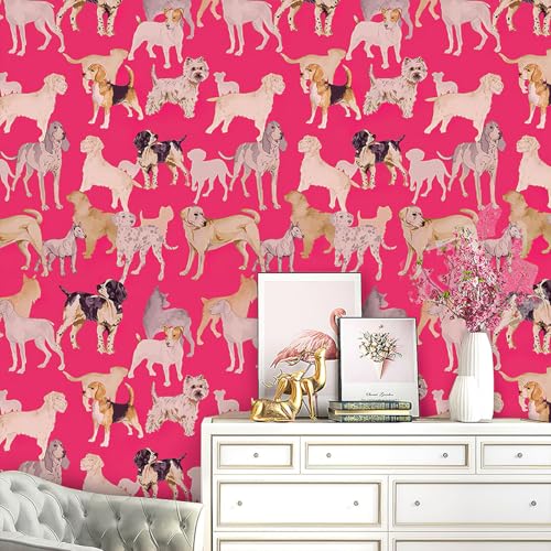 GaliGali Peel and Stick Wallpaper, Pink Dog Pets Wall Paper, Self Adhesive Wallpaper, Removable Contact Paper for Bedroom Cabinets Bathroom Decor Vinyl Waterproof 17.3"x118" NO.A03112A-3