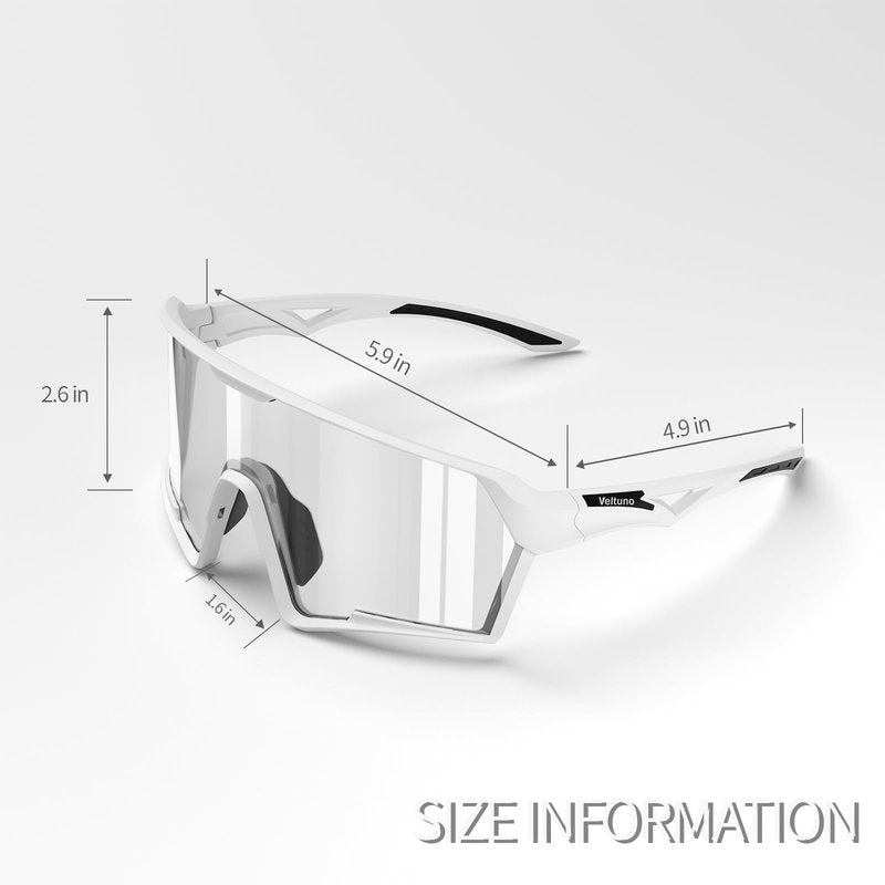 Veltuno Photochromic Cycling Sunglasses for Men Women Youth, UV Protection Sports Sunglasses for Baseball, Running, Driving (White Frame/Revo Clear Lens)