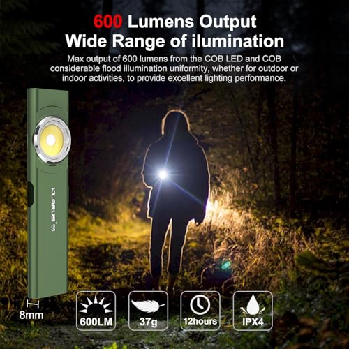 klarus E5 2Pcs Pocket Flashlight, Rechargeable EDC Flashlight, Super Slim 4.2x1x0.3inch, 600 Lumens, USB-C Port, IPX4, Dual Light Source with Magnetic Base, Hat & Clothes Clip