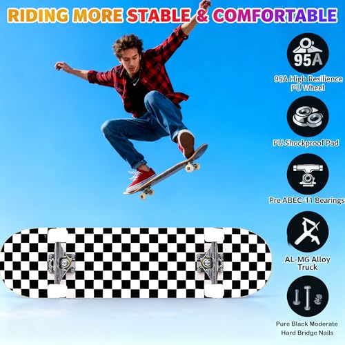 Sumeber Checkerboard Complete Skateboard for Beginners Kids & Adults 31''x8'' Maple Wood