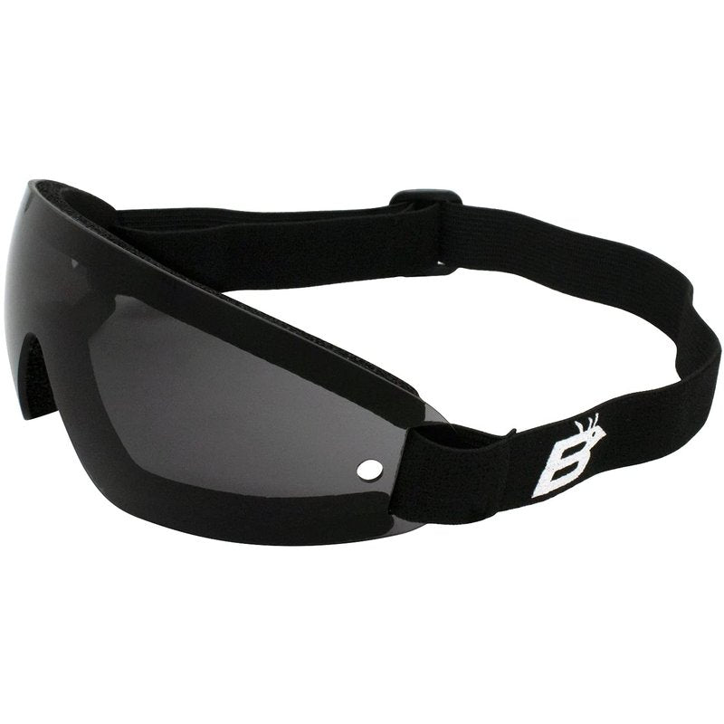 Birdz Eyewear Wing Goggles Black Frame Smoke Lens Skydiving Extreme Sports 100% UV Protection Antifog Coated Adjustable Strap Peripheral Vision Neoprene Foam Padding Shatterproof Lens Microfiber Bag