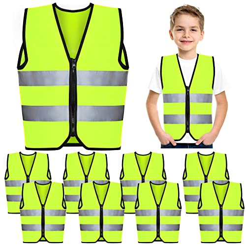 Unittype 10 Pcs Kids Safety Vest Bulk High Visibility Reflective Neon Traffic Vest with Zipper for Aged 3-10 Children