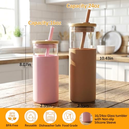 Light Purple 24 oz Glass Tumbler with Lids & Straws - Reusable Iced Coffee Cup