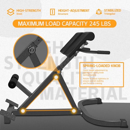 Adjustable Hyperextension Bench - Roman Chair Back Extender - Black