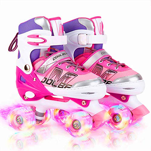 Adjustable Roller Skates for Girls - Illuminating Wheels, A-Pink, Medium (13-3 US)