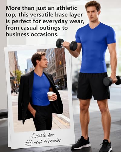 Men's Compression V Neck Shirt - Royal Blue, Large, Quick Dry Athletic Top