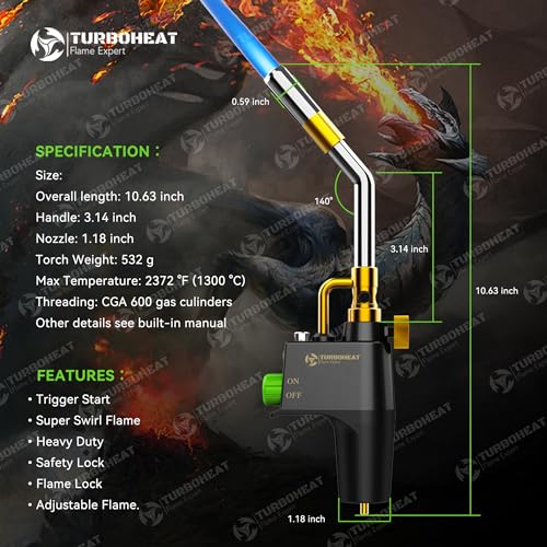 Heavy-Duty Propane Torch Head with Metal Handle & Auto-Igniter - for Propane/MAPP Gas (Cylinder Not Included) - Industrial Torch for Welding, Soldering, Brazing