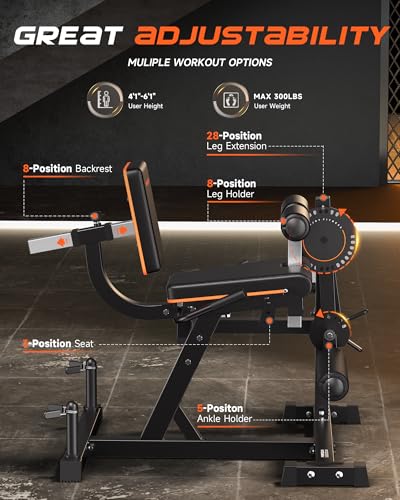 Adjustable Leg Extension Curl Machine - 700lbs Capacity - Black-Orange