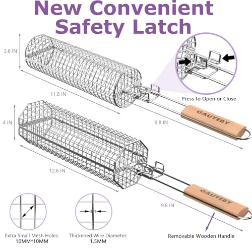 GAUYEBY 2PCS Rolling Grill Basket Set with Removable Handles, Octagon & Round Stainless Steel BBQ Nets for Meat, Shrimp, Vegetables