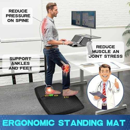 Ergohead 28" x 17" x 1" Anti-Fatigue Standing Desk Mat with Massage Ball - Non Slip Comfort Floor Mat for Office & Home