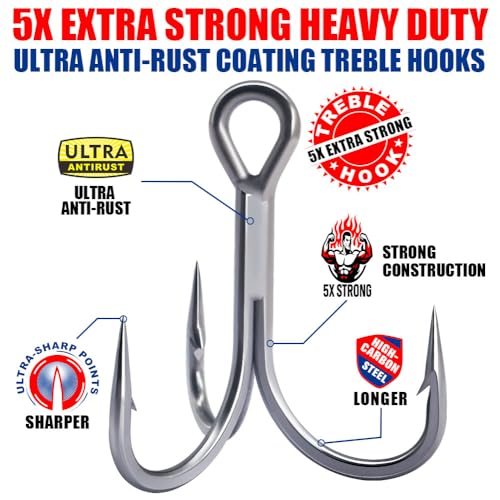 LURELINK 24-Pack 5X Extra Strong Treble Hooks for Saltwater & Freshwater Fishing Size 2