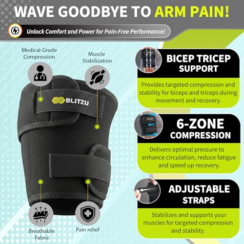BLITZU Black Large/X-Large Bicep & Tricep Tendonitis Brace - Upper Arm Compression Wrap for Men Women