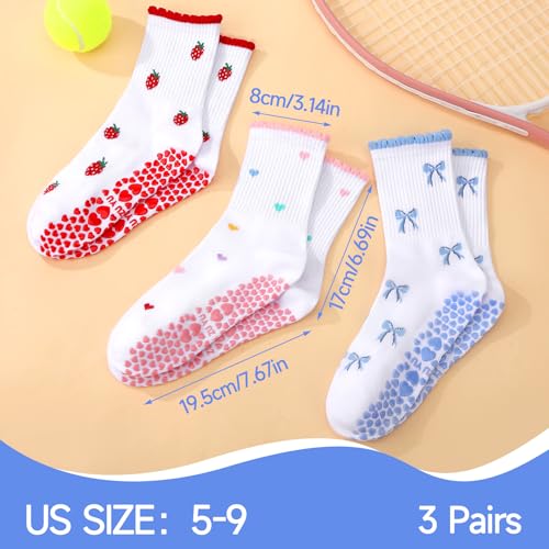 Women’s Pilates Socks with Grips - Cotton Ruffle Crew Socks - Pastel Berry Bow