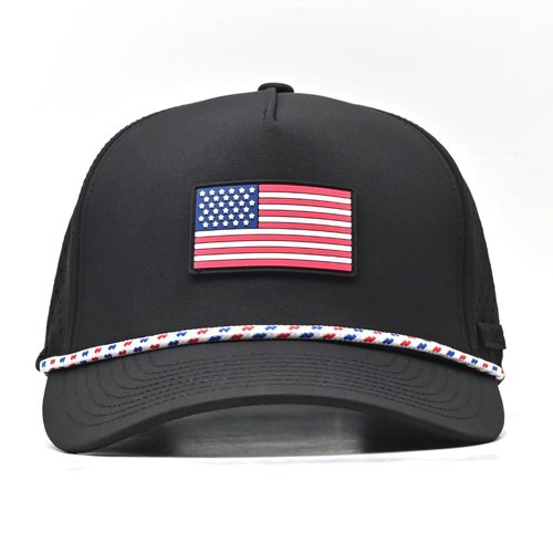 Curves & Clubs American Flag Golf Hat – Black Performance Rope Cap – Patriotic USA Golf Hat – Adjustable, Breathable (US, Numeric, 0, Black USA Flag)