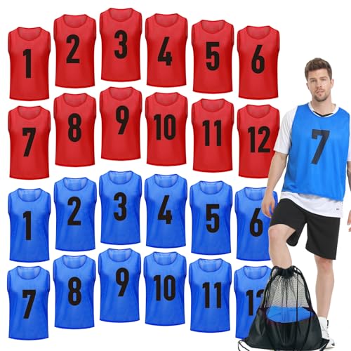 Antoyo 12/24/48 Pack Youth Soccer Pinnies Practice Vests Red & Blue Medium