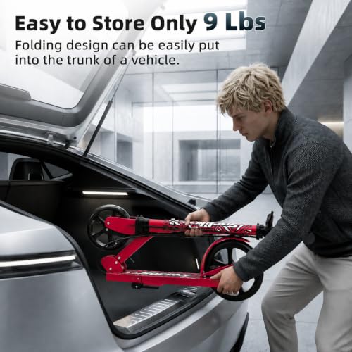 Red Kid's 8-12 & Adult Foldable Kick Scooter with Adjustable Height & Safety Bell