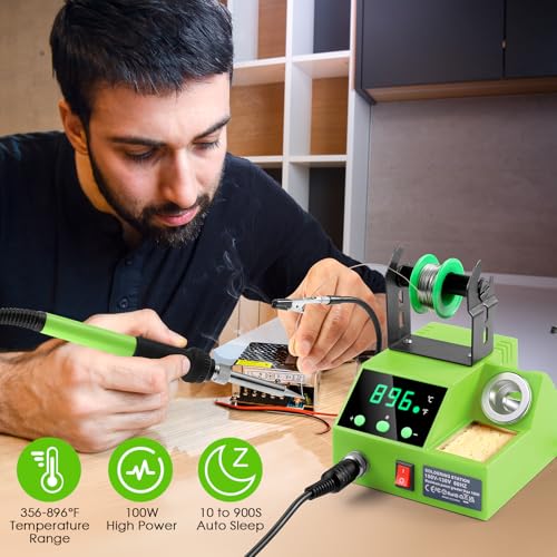 Soldering Station, 100W Digital Display Soldering Iron Station Kit with 2 Helping Hands, 356¡ÆF - 896¡ÆF, Auto Sleep, ¡ÆC/¡ÆF Conversion, Solder Wire, Tips, Stand, Pump, Tweezers, Tip Cleaner, Green