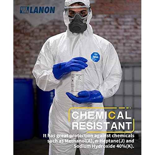 LANON 6 Pairs PVC Chemical Resistant Gloves, Heavy-Duty Rubber Gloves, Acid, Alkali and Oil Protection, Non-Slip, Blue, Large