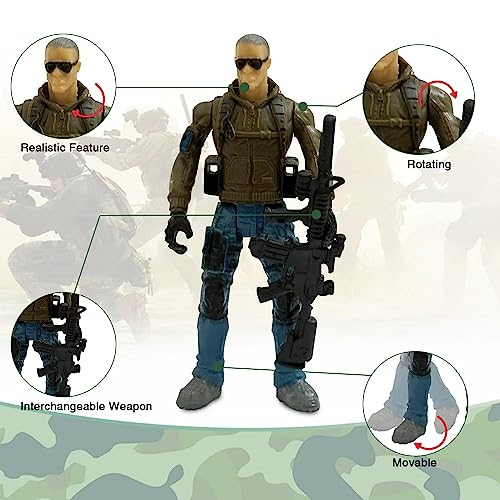 Army Men Action Figures Set - 6 Soldiers with Weapons - Blue